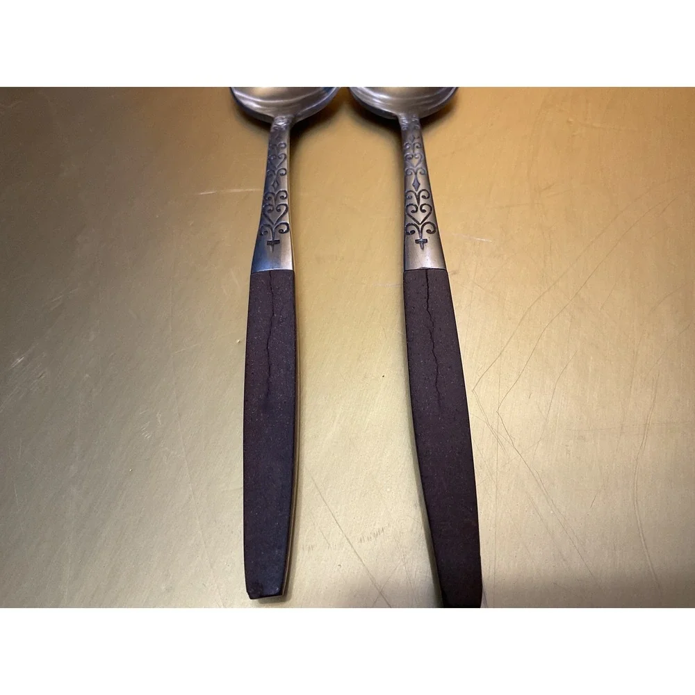 Interpur Japan Stainless Flatware Brown Faux Wood Handle Scroll 4pc Set Spoons